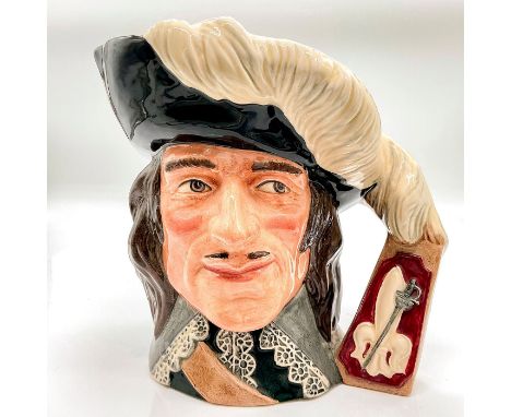 Extension of the feathers with a fleur-de-lis and sword at base handle. Black hat trimmed with whiter feathers; white lace co