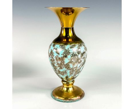 Turquoise toned with lustre finish &amp; branch patterning. Brass upper portion and base.Handwork Delftware Made In Holland o