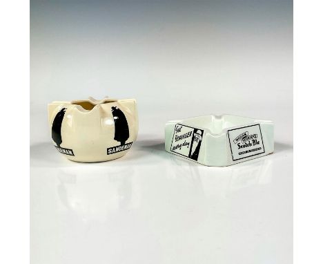 Iconic ceramic ashtrays of different shapes, advertising for William Younger's Scotch Ale and Sandeman Port Wines with a silh