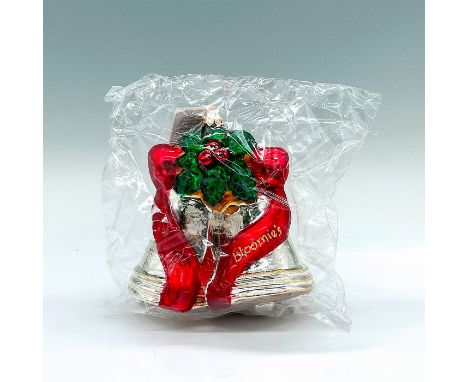 Twin bells adorned with a red bow and holly. Hand painted glass with glitter accents. Christopher Radko tag. This item has it