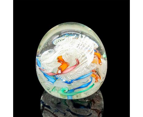 Clear globe with white, orange and blue in center. Dimensions: 2.5"H x 2.5"diaManufacturer: Murano GlassCountry of Origin: It