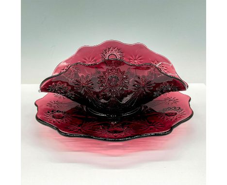 Vintage pressed glass bowl with folded shape and modified edge; matching underplate with modified edge. Both pieces have a de