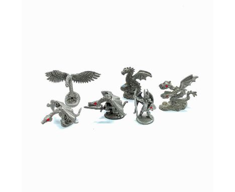 Four 1988 Ral Partha fantasy miniatures: dragon holding an axe, dragon holding a sword, winged warrior, and flying snake. Two