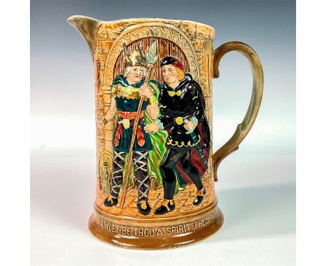 Glazed finish porcelain pitcher embossed with the scene from Shakespeare's tragedy play where Hamlet meets his fathers ghost.