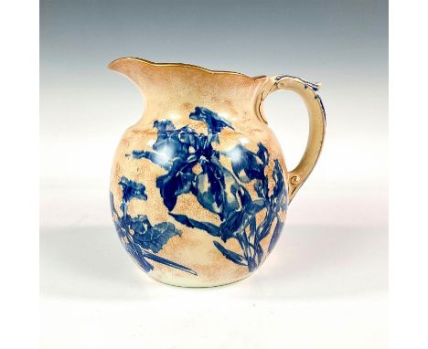 Stunning handled pitcher adorned with blue iris flowers with gilt decoration around; scalloped edge. Doulton Burslem backstam
