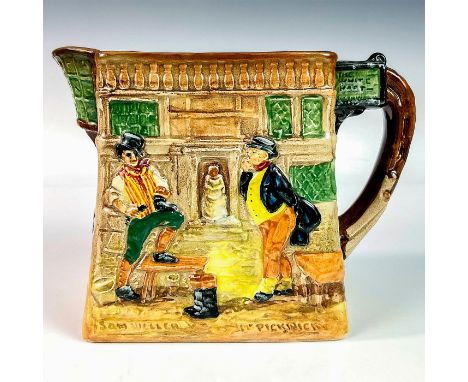 Glazed porcelain pitcher embossed with various characters from the novel The Pickwick Papers. Royal Doulton backstamp. Issued