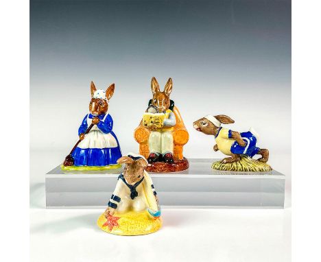 Includes Sailor Bunnykins DB166, Mrs. Bunnykins Clean Sweep DB6, Jogging Bunnykins DB22, and Collector Bunnykins DB54. Glossy