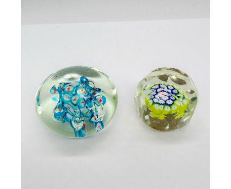 Clear globe with blue and brown ribbon design in center. Small, faceted millefiori styled weight. Largest piece: 3"L x 3"W x 