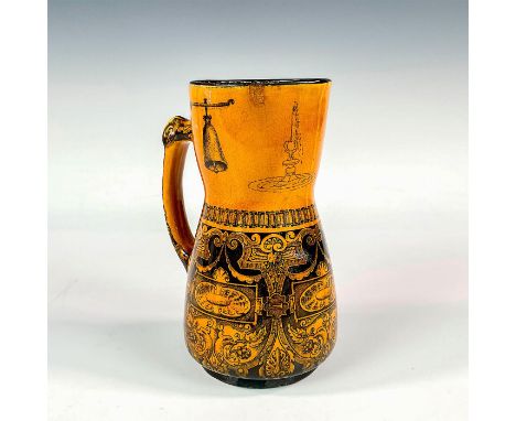 From the Jacobean series, titled Ye Old Belle. Handle porcelain pitcher portraying a young woman serving two gentlemen at a t