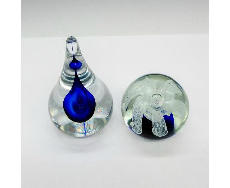 Clear teardrop with cobalt blue center. Orrefors acid mark. Round globe with white lace design over cobalt blue base. Largest