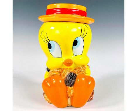 Ceramic lidded jar modeled as Tweety sitting down guarding a stash of sweets and cookies. Certified International Corps backs