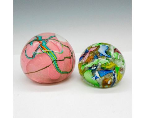 Clear globe has pink center with green, yellow and blue ribbons throughout. D. Blackwell 93 signed. Small globe has iridescen