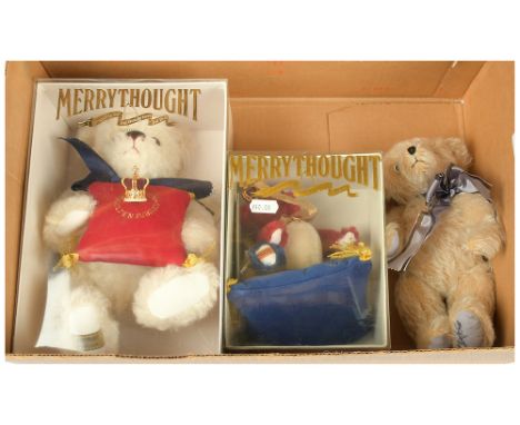 Merrythought three mohair bears: (1) Jubilee Bear, white mohair, LE 26/250, swing label, in window box, 14"/35cm; (2) Royal P