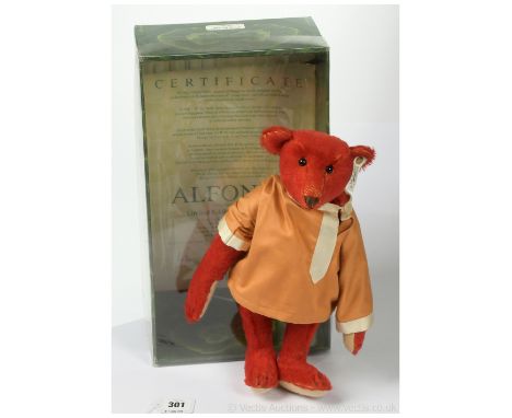 Steiff Teddy Bears of Witney Alfonzo 1908 replica teddy bear, 1990, white tag 406195, LE 5000, red mohair, complete with cert