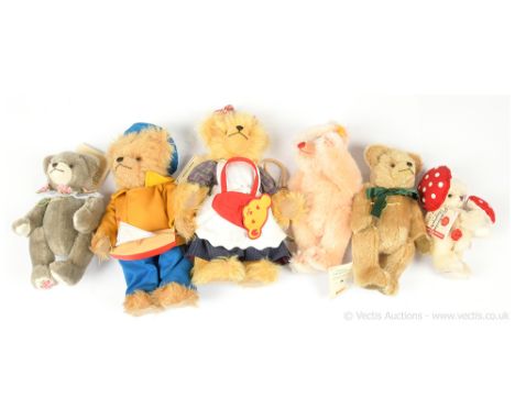 German teddy bears x six including; (1) Steiff yellow tag 654572, apricot mohair, with shoulder bag and tennis racket, swing 