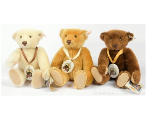 Steiff three Margarete Steiff 150 Anniversary mohair Bears: (1) White tag 670206, limited to year of production, dark brown m