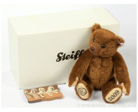 Steiff Hotel Chocolat George teddy bear, white tag 663314, LE 75/2000, 2009, Chocolate Tasting Club Bear, chocolate brown moh