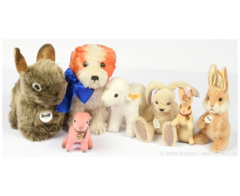 Collection of Steiff animals plus artist rabbit x seven including: (1) Steiff Molly dog 1927 white and red tipped mohair repl