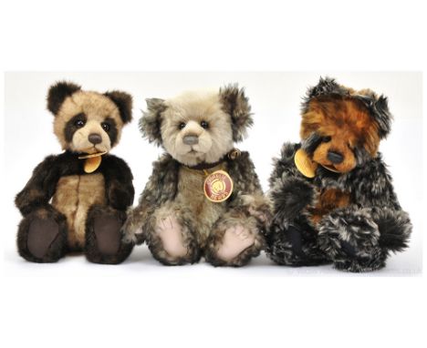 Charlie Bears panda trio including: (1) Joy, CB 094081A, brown and light brown mink plush, swing labels, 11.5/29cm; (2) Harri