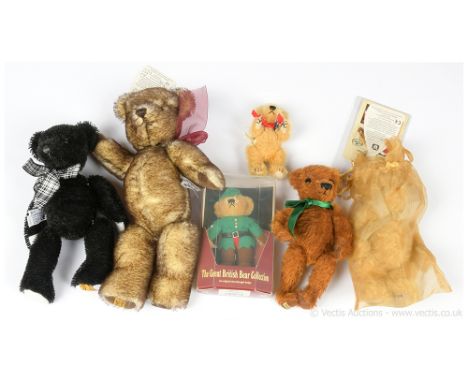 Merrythought small mohair teddy bears x six: (1) Robin Hood, The Great British Bear Collection, blonde mohair, certificate, i