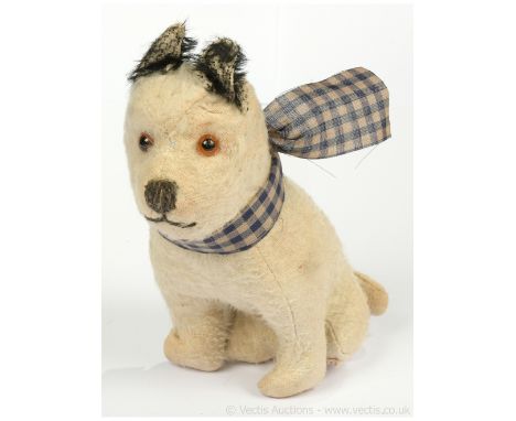 Chad Valley 'Caesar' type terrier dog, British, 1920s / 1930s, black and white mohair, red embroidered label to base, amber a