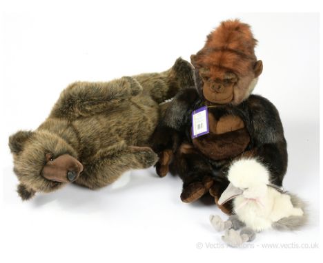 Trio of plush animals including: (1) Hansa standing Grizzly Bear, dark brown with light brown and blonde speckle, 24"/61cm; (