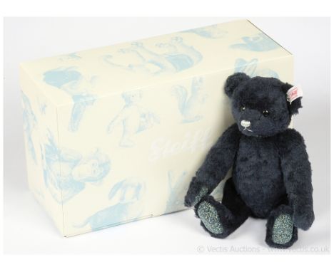 Steiff Sapphire teddy bear, white tag 036934, LE 2000, 2011, Swarovski Xilion crystal button to ear, deep blue silk (56% pure