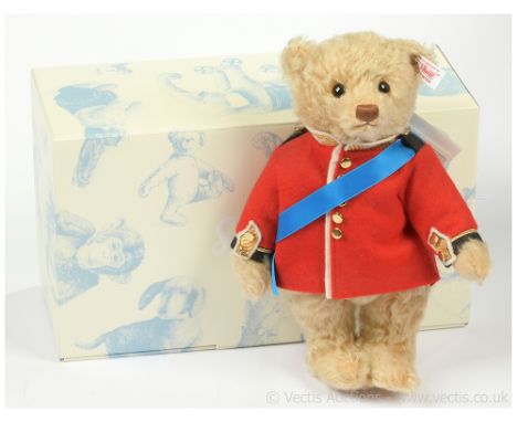 Steiff Prince William teddy bear, white tag 664168, LE 1500, exclusive to Peter Jones China, blonde mohair, red military jack