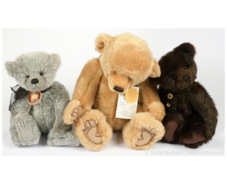 Charlie Bears trio including: (1) 2009 Year Bear, Hug No 1, CB 091111, 2009, designed by Isabelle Lee, light brown plush, wit