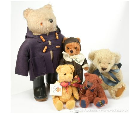 Collection of five Teddy Bears including: Gabrielle Designs vintage Paddington Bear wearing dark blue felt duffle coat (sligh