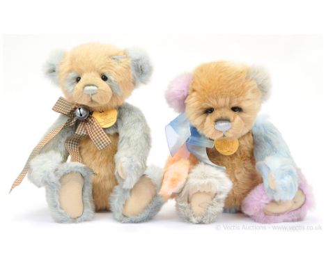 Charlie Bears pair of pandas, designed by Isabelle Lee, 2012: (1) Dilly, CB 124946, beige and light blue plush, 14"/36cm; (2)