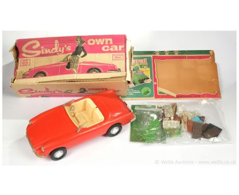 Sindy Car and Britain's Model Garden: (1) Pedigree Sindy MGB Convertible Car, early 1960s, windscreen is warped (due to age) 