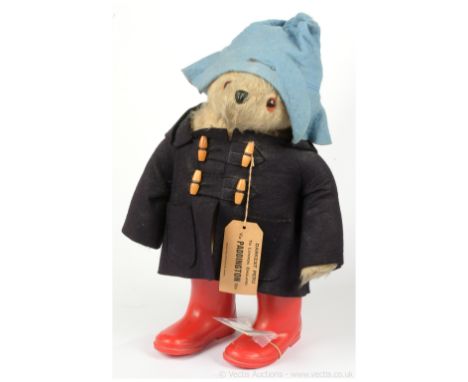 Gabrielle Designs vintage Paddington Bear, with Gabrielle Designs The Bear Garden card tag, wearing PB size 5 wellington boot