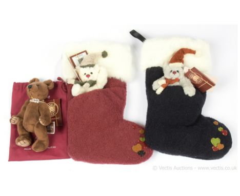 Charlie Bears Christmas stockings and small bear: (1) Christmas Eve blue, CB151606, LE 3000 pieces, grey plush bear seated in