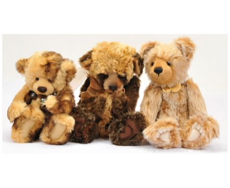 Charlie Bears trio including: (1) Keira, designed by Isabelle Lee, golden plush with lighter tip, swing label, 17"/43cm; (2) 