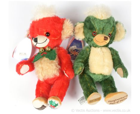 Merrythought Punkinhead Teddy Bears x two: (1) 2000 Christmas bear made exclusively for Dear Bear, red and beige mohair, with