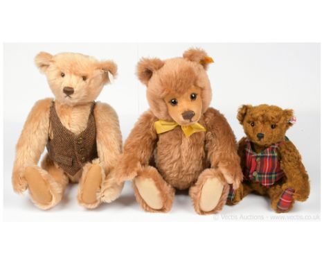 Steiff trio of teddy bears including: (1) Original music cinnamon mohair teddy bear, yellow tag 011184, 1992-1993, playing Pi