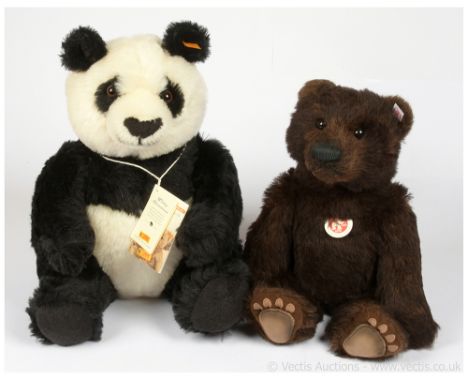 Steiff teddy bear pair including: (1) Siro Panda, yellow tag 060144, black and white mohair, complete with chest tag, swing l