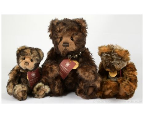 Charlie Bears trio: (1) Snuggle, LE 3567/6000, CB 1104663, light brown with dark brown tip plush, swing label, 16"/41cm; (2) 