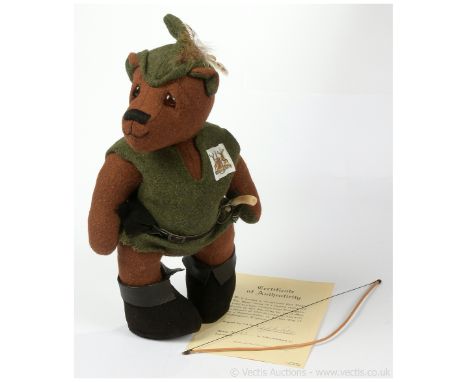 The Hand Crafted Harris Tweed Collection of Teddy Bears, Robin Hood, artist designed by Zena Arts, LE #63, pure brown Harris 