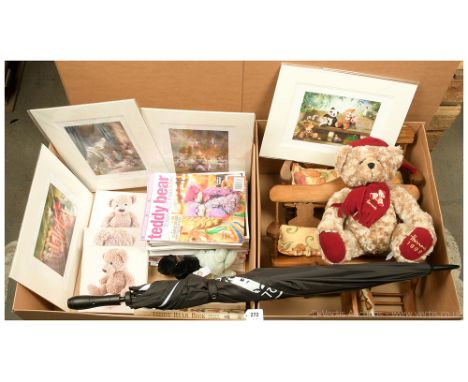 Collection of miscellaneous teddy bear related items including: Charlie Bears umbrella, 2 x Charlie Bears Travel Buddies Shac