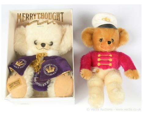 Merrythought Cheeky Bears x two: (1) Cheeky Coronation, white mohair teddy bear, LE 85/500, celebrating the Queen's Jubilee y