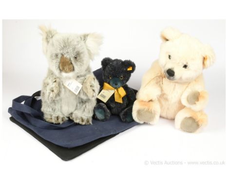 Steiff plush trio including: (1) Yuku Koala, yellow tag 060052, grey and white plush, swing label (sticky residue left from p