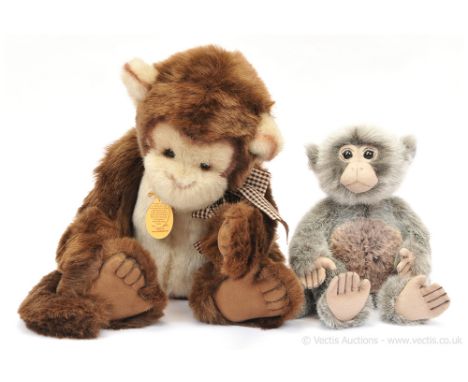 Charlie Bears plush monkey pair including: (1) Lazlo, CB161656A, grey with darker grey and golden tip plush, 9.5"/24cm; (2) C