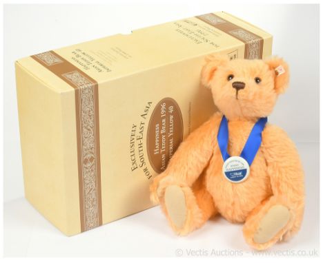 Steiff Asian Happiness apricot mohair bear, 1996, white tag 659874, LE 3000 for South East Asia, complete with ceramic medall
