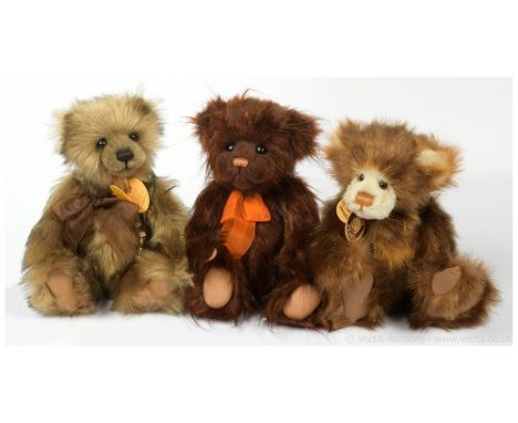 Charlie Bears Trio including: (1) Becky teddy bear, CB 104716A, 2010-2013, brown and pale grey plush, with swing labels and c