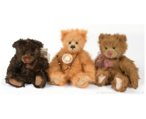 Charlie Bears trio including: (1) Alice teddy bear, CB 094079B, 2009-2010, light brown with cinnamon tip plush, with swing la