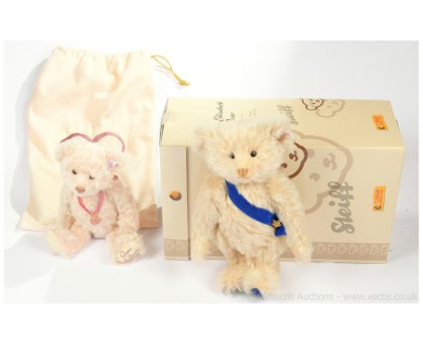 Steiff teddy bear pair including: (1) Steiff Diana "The Queen of Hearts" teddy bear, LE 1500, white tag 662515, pink mohair, 