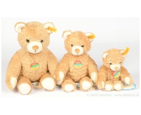 Steiff teddy bear trio including: (1) Original Cosy Friends teddy bear, yellow tag 022777, blonde plush, chest tag and swing 