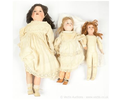 Three antique / vintage bisque dolls: (1) DEP, impressed 1909, R 3/0 A, replacement now fixed blue eyes, open mouth, blonde m